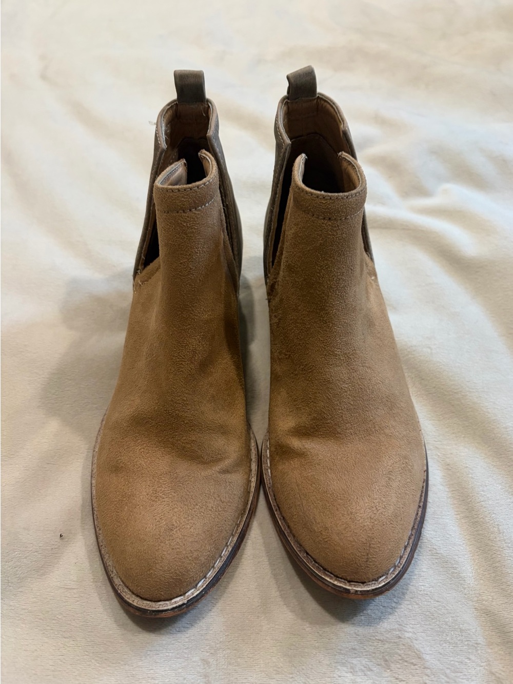 Diba True tan, brown, gold, metallic side, slit ankle booties size 6